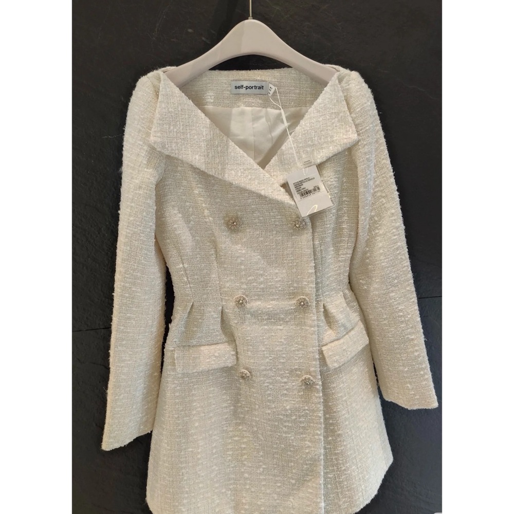 Self-Portrait Ivory Textured Tweed Coat Dress
